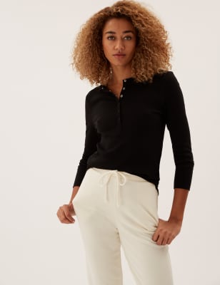 Ribbed Henley Long Sleeve Top