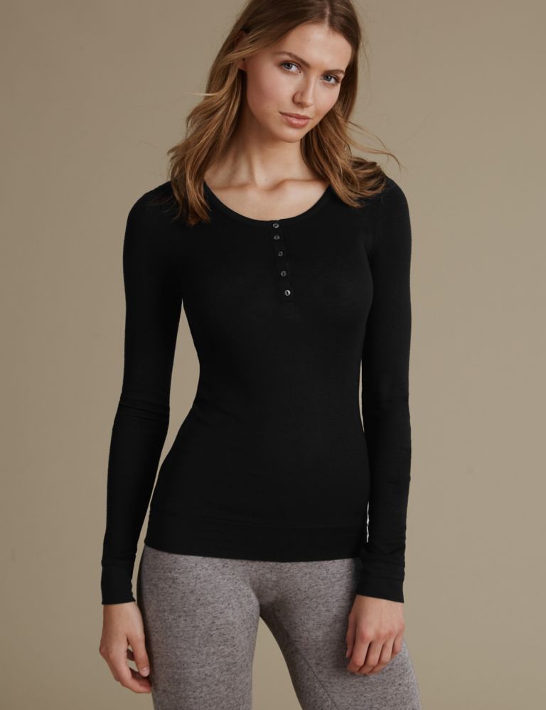Ribbed Placket Thermal  Long Sleeve Top 1 of 5