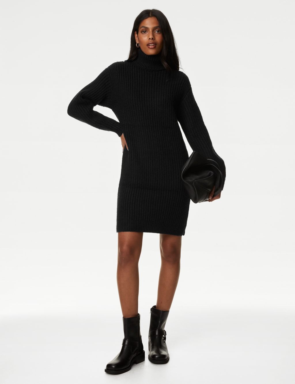 Ribbed Roll Neck Knee Length Jumper Dress