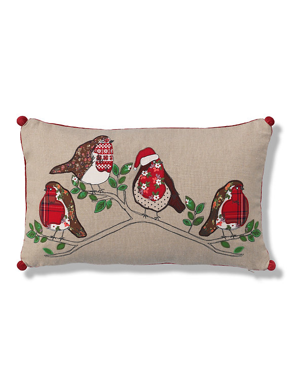 Robins on Branch Appliqué Christmas Cushion Image 1 of 2