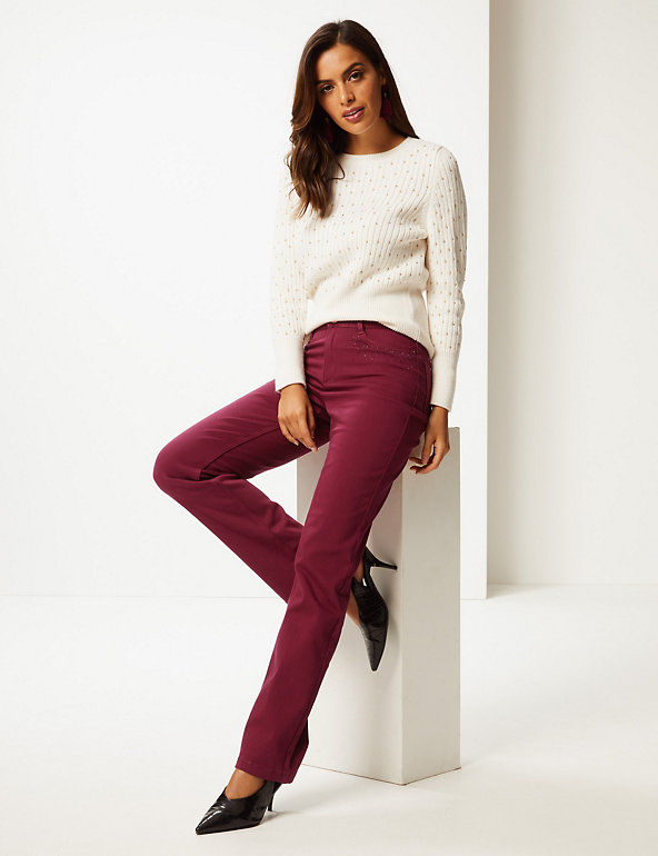 M&S PER UNA ROMA Rise Straight Leg LUXE FEEL Embellished Cotton Rich Jeans . 