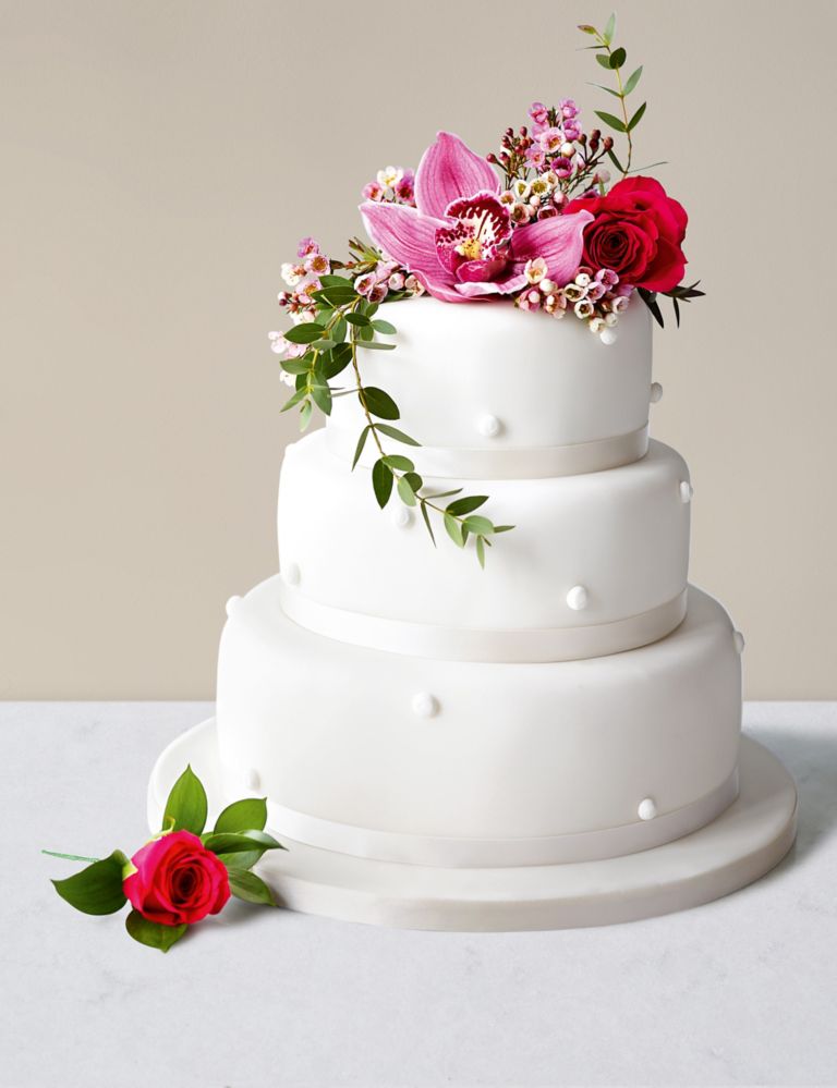 Romantic Pearl Wedding Cake with White Icing – Assorted Flavours (Serves 150) Last order date 26th March 1 of 6