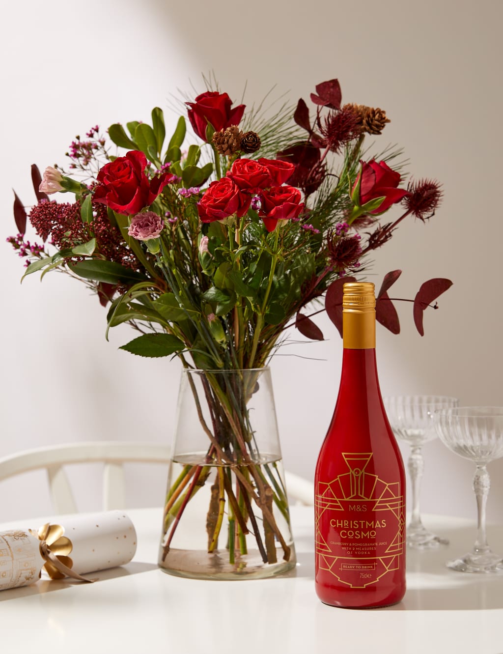 Rose & Eryngium Bouquet with Christmas Cosmo Cocktail M&S