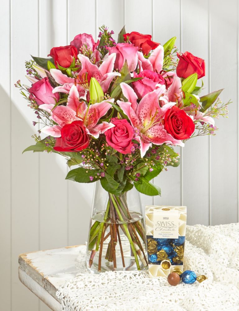 Rose & Lily Gift Selection - Vase & Swiss Truffles 1 of 4