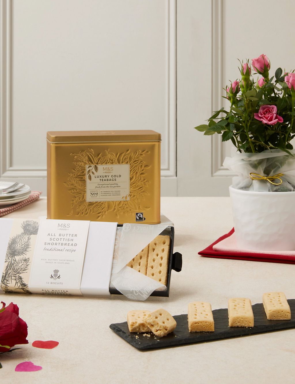 Rose Plant with Luxury Gold Tea & All Butter Shortbread Biscuits Gift 1 of 2