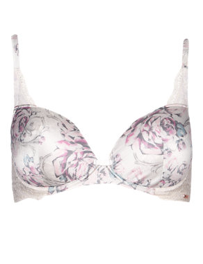 Rose Print Silk Padded Plunge A-DD Bra with French Designed Rose Lace Image 2 of 4