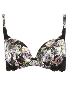 Rose Print Silk Padded Plunge A-E Bra with French Designed Rose Lace Image 2 of 3