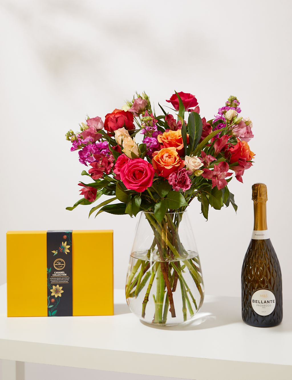 Roses, Lisianthus & Stock Bright Bouquet With Caramel Collection & Prosecco 3 of 7