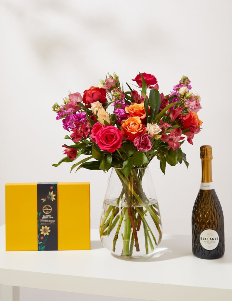Roses, Lisianthus & Stock Bright Bouquet With Caramel Collection & Prosecco 1 of 7