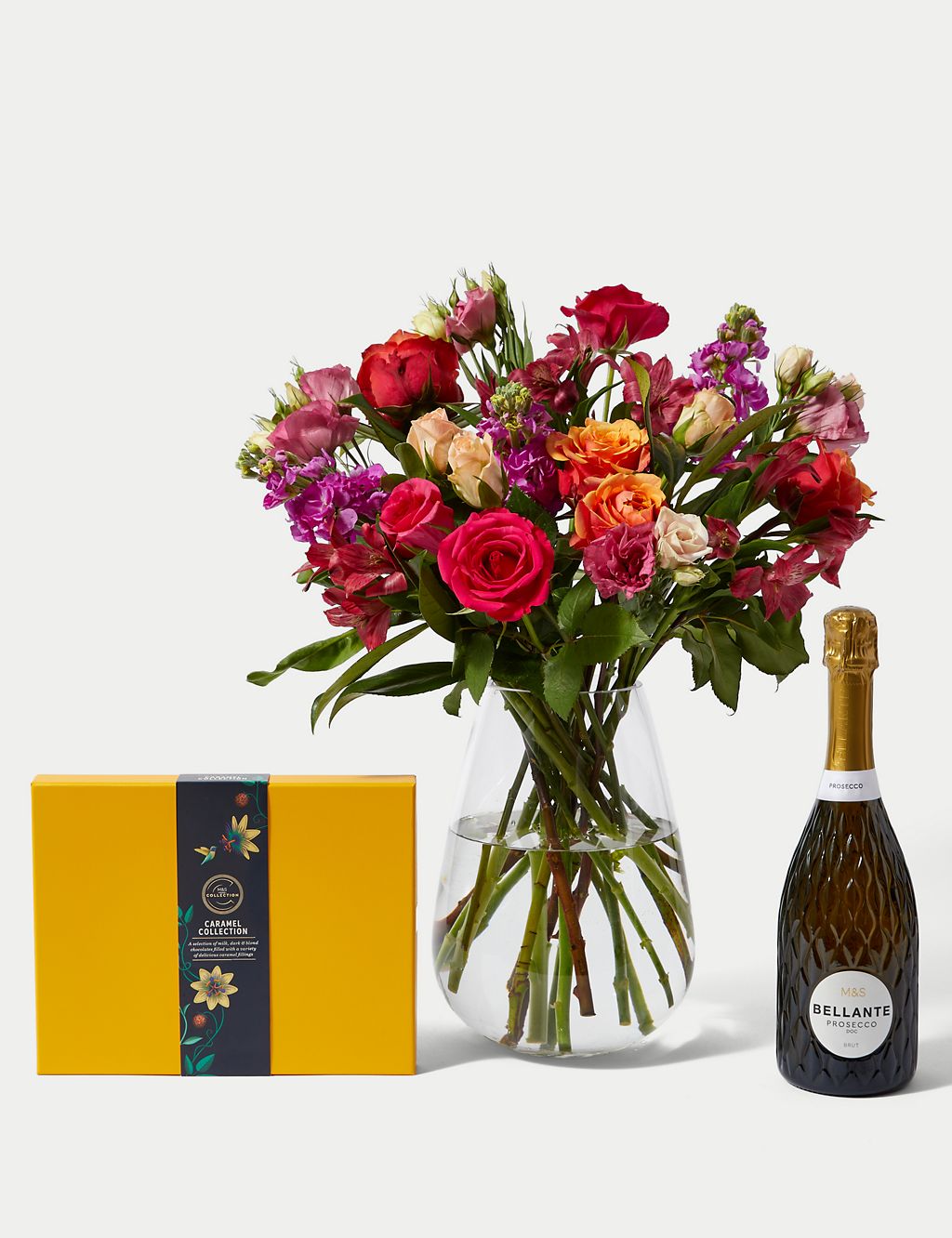 Roses, Lisianthus & Stock Bright Bouquet With Caramel Collection & Prosecco 2 of 7