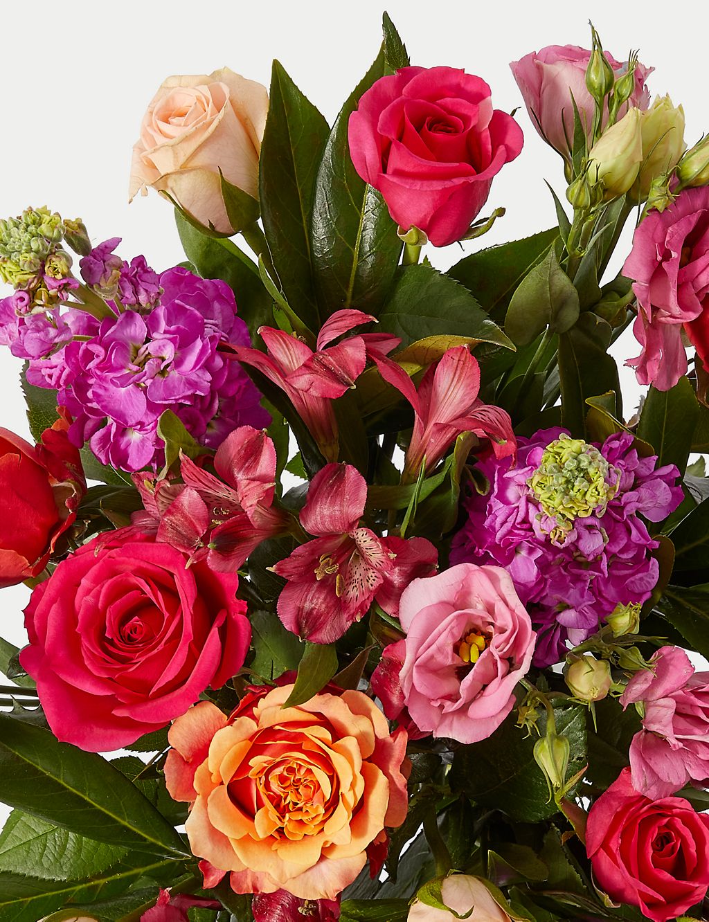 Roses, Lisianthus & Stock Bright Bouquet With Caramel Collection & Prosecco 6 of 7