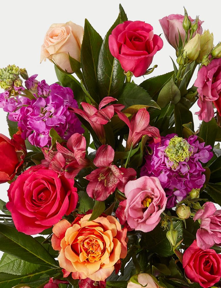 Roses, Lisianthus & Stock Bright Bouquet With Caramel Collection & Prosecco 4 of 7