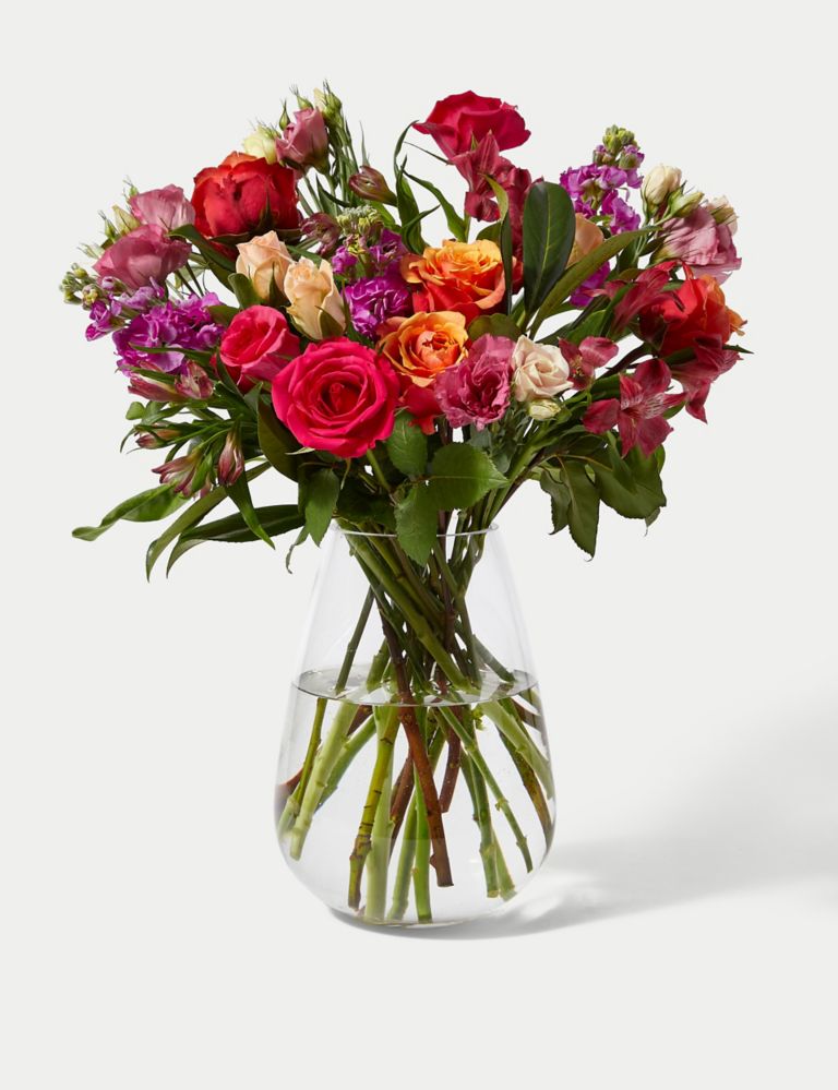 Roses, Lisianthus & Stock Bright Bouquet With Caramel Collection & Prosecco 7 of 7