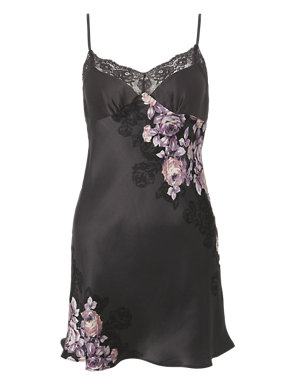 Rosie for Autograph Pure Silk Rose Print Chemise with French Designed Lace Image 2 of 6