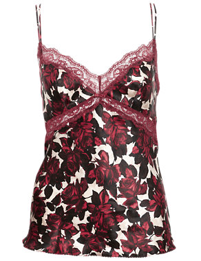 Rosie for Autograph Silk Rose Print Camisole with French Designed Rose Lace Image 2 of 4