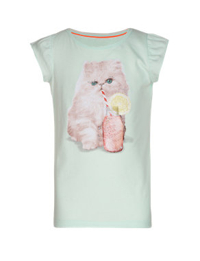 Round Neck Cat Lemonade Print Girls T-Shirt Image 2 of 5