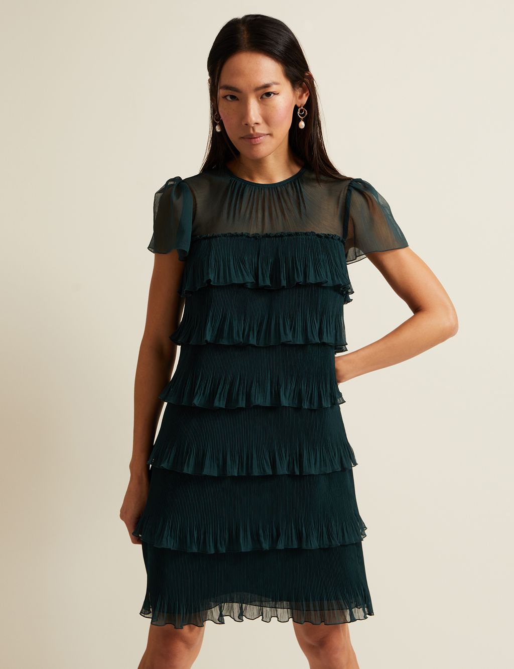 Round Neck Pleated Mini Tiered Dress 2 of 6