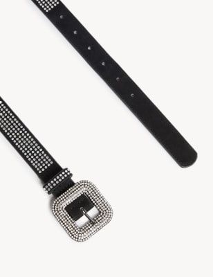

Womens M&S Collection Faux Leather Crystal Jeans Belt - Black, Black