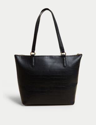 

Womens M&S Collection Faux Leather Croc Effect Tote Bag - Black, Black