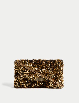 Sequin Chain Clutch Strap Bag M S JP