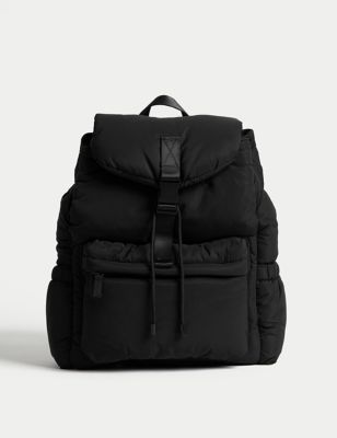 M&S Womens Nylon Drawstring Padded Backpack - Black, Black