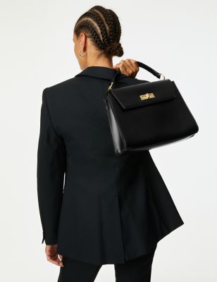 M&S Womens Faux Leather Top Handle Tote Bag - Black, Black,Latte