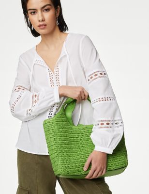 M&S Womens Straw Shoulder Bag - Green, Green,Chocolate,Natural
