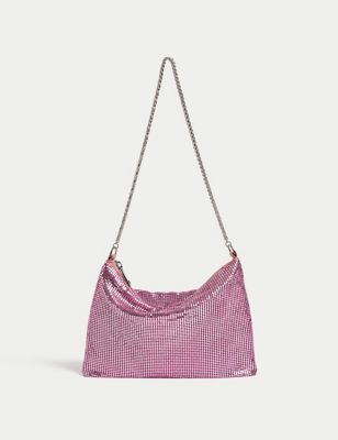 M&S Womens Chainmail Chain Strap Shoulder Bag - Pink, Pink,Silver