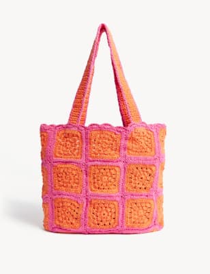 

M&S Collection Bolso shopper de croché 100% algodónWomens - Mezcla De Tonos Rosas, Mezcla De Tonos Rosas