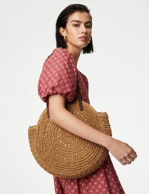 M&S Womens Straw Round Shoulder Bag - Natural, Natural,Black Mix