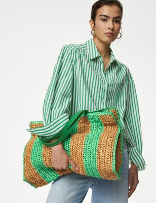 M&S Women's Straw Striped Tote Bag - Green Mix, Green Mix
