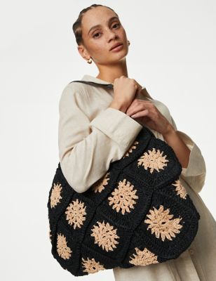 M&S Women's Crochet Straw Shoulder Bag - Natural Mix, Natural Mix