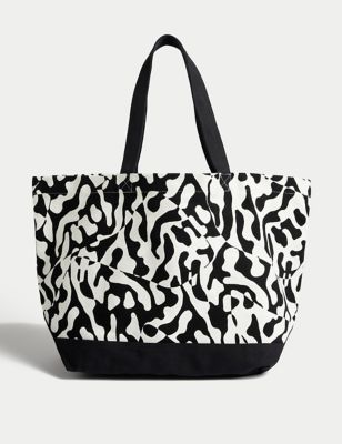 M&S Womens Canvas Printed Tote Bag - Black Mix, Black Mix,Red Mix