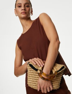 M&S Womens Straw Resin Handle Cross Body Grab Bag - Natural, Natural,Black