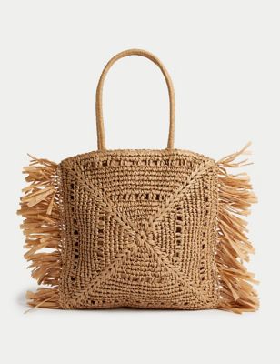 M&S Womens Straw Fringed Tote Shopper - Natural, Natural