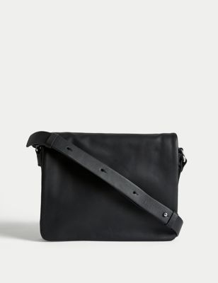 M&S Womens Leather Messenger Bag - Black, Black,Buttermilk