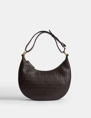 M&S Women's Leather Croc Effect Shoulder Bag - Chocolate, Chocolate,Black
