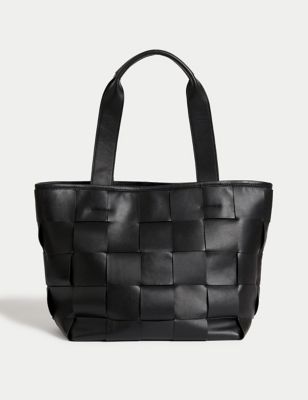 M&S Womens Leather Woven Tote - Black, Black