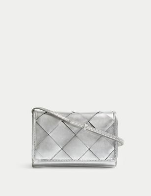 M&S Womens Leather Woven Cross Body Bag - Silver, Silver,Black