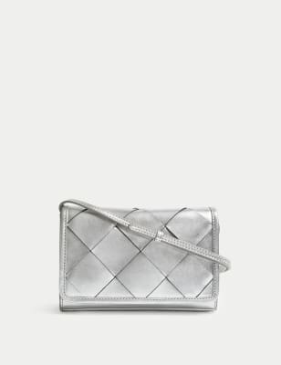 M&S Women's Leather Woven Cross Body Bag - Silver, Silver,Black