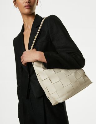 M&S Women's Leather Woven Shoulder Bag - Cream, Cream,Black
