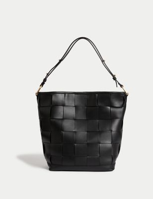 M&S Womens Leather Woven Shoulder Bag - Black, Black,Cream