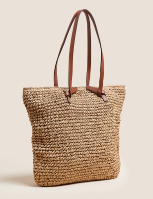 Straw tote clearance bag leather handles