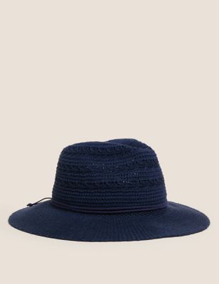  Cotton Packable Fedora Hat - Navy