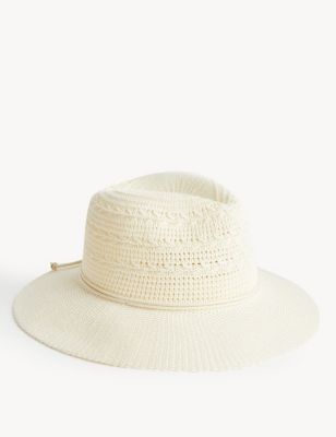 M&S Womens Cotton Rich Packable Fedora Hat - M-L - White, White