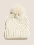 Knitted Faux Fur Bobble Beanie Hat