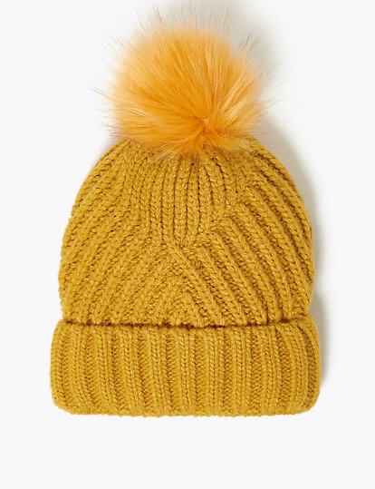 Knitted Faux Fur Bobble Beanie Hat