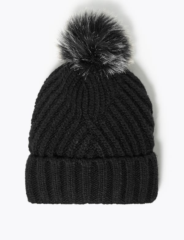 Knitted Faux Fur Bobble Beanie Hat M S Collection M S