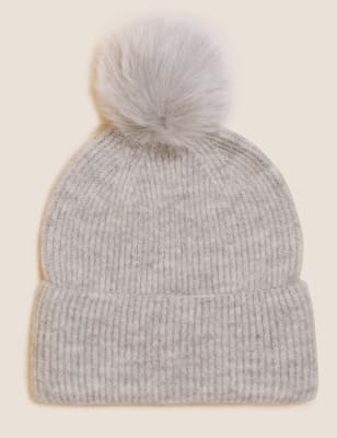 

Womens M&S Collection Faux Fur Pom Beanie Hat - Grey, Grey