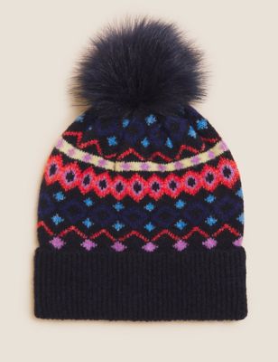 

Womens M&S Collection Knitted Fair Isle Faux Fur Pom Beanie Hat - Navy Mix, Navy Mix